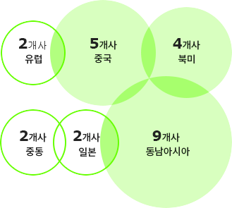 2개사 유럽, 5개사 중국, 4개사 북미, 2개사 중동, 2개사 일본, 9개사 동남아시아